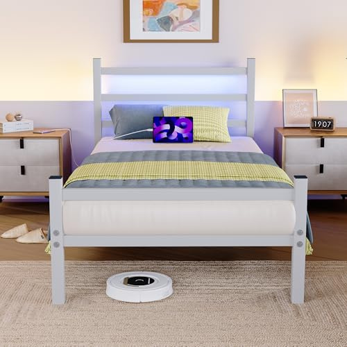 BORPHOM Single Bed Frame with Headboard & LED Lights,Heavy Duty Metal Platform Bed Frame with Charging Station,Mattress Base/Strong Steel Slats Support/Under-bed Storage/Easy Assembly for Adults/White