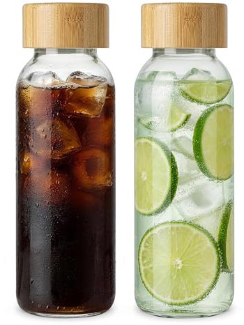 LIMILI Glass Bottles With Bamboo Lids, 2Pcs 300ML Water Bottles, Leak Proof Reusable Drinking Bottles for Hot Cold Drinks, Work, Gym, Home (300ml - 2pcs)