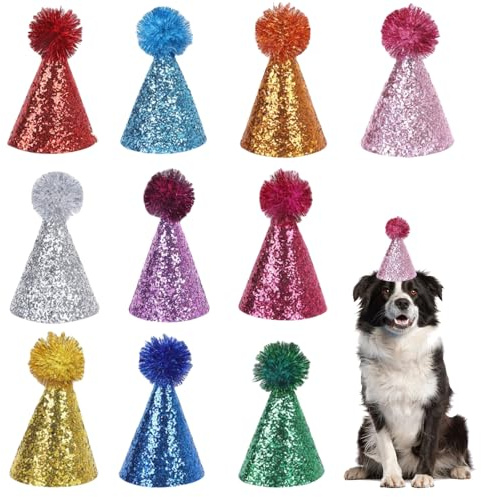 Muorruo 10 Stück Mini-Partyhüte für Geburtstage, Stofftiere, Spielzeuge, kleine kegelförmige Hüte mit Pompons, glitzernde Partyhüte