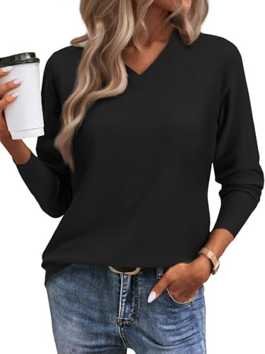 Yutdeng Suéter Mujer Manga Larga Jersey de Punto Cuello Pico Elegante Jersey Basico Sueter Invierno Otoño Sweater Fino Lana Jerséis para Mujer Jersei Suave Casual Pullover Camiseta,Negro,XXL