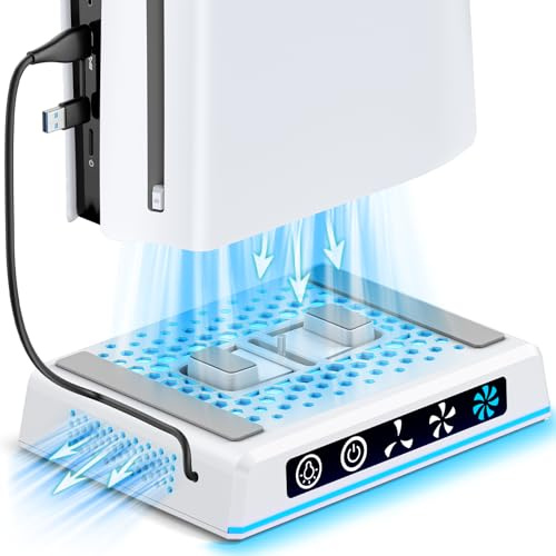 Soporte de Refrigeración para PS5 Original/Slim/Pro (Disco & Digital), Ventilador para PS5 de 3-Niveles Velocidad, Refrigerador para PS5 con Luz Ambiental, Base para PS5 Vertical con Cable USB-C/USB-A