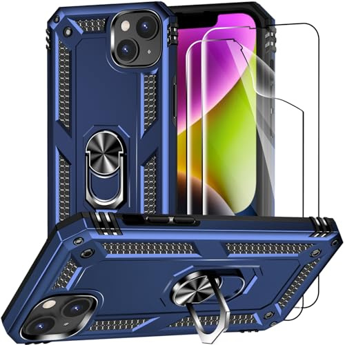 Jihucase for iPhone 14 Case with Screen Protector:[Military Grade Drop Tested] Ring Holder Kickstand Shockproof Anti-Slip Protective Phone Case for iPhone 14 6.1- Blue