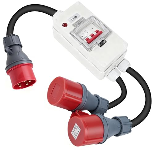 CEE Adapter 32A auf 16A Adapter CEE Steckdose 16A Sicherungsautomat mit Kontrollleuchte, 1-auf-2 IP66 5-Polig Starkstrom Adapter mit 2,5 mm² (32A auf 16A 415V)