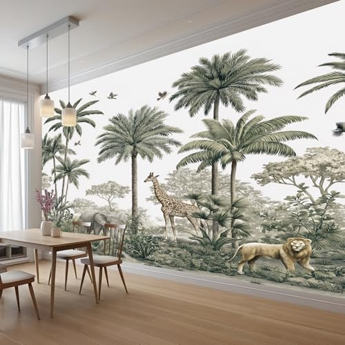 Wlujhia Papier Peint Panoramique Palmier Tropical Animaux Sauvages 350x256 cm Revêtement Mural Décoration Pour Chambre Salon Girafe Lion Éléphant Poster Mural Décoration et Moderne
