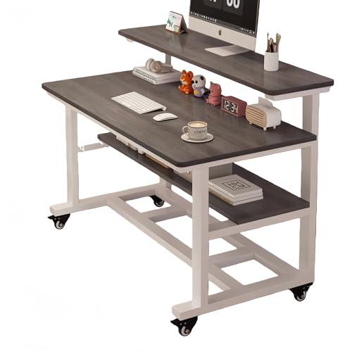 Esspoxi Computertisch auf Rollen mit Monitorerhöhung, Mobiler Schreibtisch für Home Office, Kleiner Laptoptisch Höhenverstellbar, PC Arbeitsplatz mit Ablageflächen, Weißer Rahmen(Gray,39.4in)