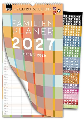 Spielefabrik® Familienkalender 2027 Familienplaner 5 Spalten FARBENFROH Kalender 23 x 43 cm Colour Blocking und Gute Laune Bunter Wandkalender im modernen Design mit Stickern Ferien und Feiertagen