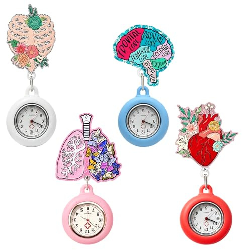 4 Stück Dehnbare Krankenschwester Uhren, Silikon Schwesternuhr Zeiger mit Glow Pointer, Komfortabel Krankenschwester Taschenuhr mit Clip, für Medizinisches Personal und Pflegealltag
