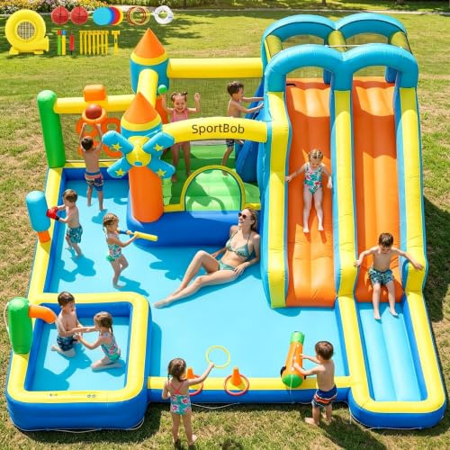 SportBob Castello gonfiabile con doppio scivolo, ventola, piscina per bambini, area per salti e parete da arrampicata, ideale per uso interno ed esterno, riunioni di famiglia e occasioni di compleanno