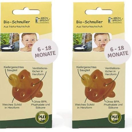 Gruenspecht BIO Schnuller aus Naturkautschuk 6-18 Monate // 2er Set, weiche Schild in Herzform, Kieferorthopädische Form