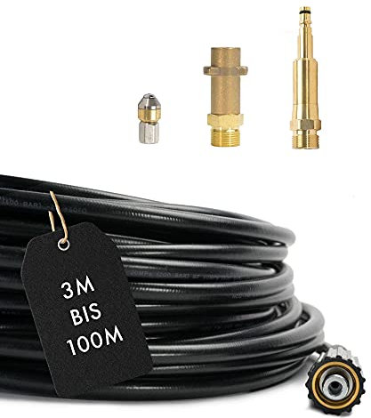 Rohrreinigungsschlauch Set 4-Teilig für Kärcher HD HDS und Andere mit Anschluss 1/8 AG : M22 x 1,5 IG & Bajonett-Adapter & Adapter Quick-Click & rotierende Rohrreinigungsdüse (10 Meter)