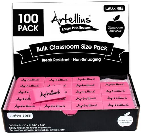 Artellius Rosafarbene Radiergummis (100 Stück)- Große Größe Radiergummi Weich ohne Latex und ohne Schmieren - Großpa-ckung Radiergummi Schule - Klassenzimmer Lehrer Homeschooling Büro Kunstunterricht