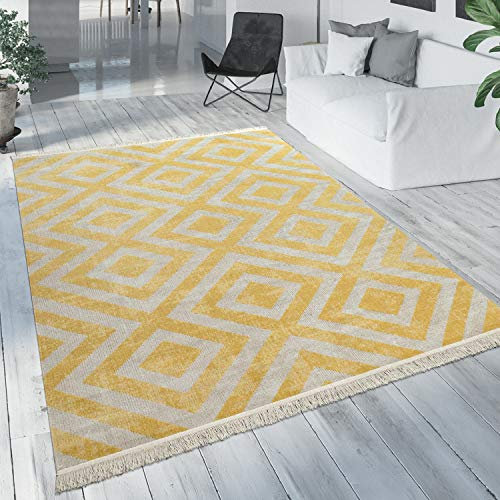 Paco Home Moderner Outdoor Teppich Geometrisches Rauten-Muster im Vintage-Look Flachgewebe Wetterfest & Pflegeleicht für Garten, Terrasse & Balkon, Gelb Weiß, Grösse:80x150 cm