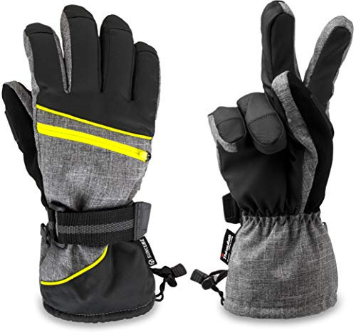 SUN CUBE Skihandschuhe Herren Damen,wasserdichte atmungsaktive Schneehandschuhe,Winddichte Winter Outdoor Snowboard Schneemobilschaufeln Wandern Radfahren, Grau/Gelber Rand., Medium