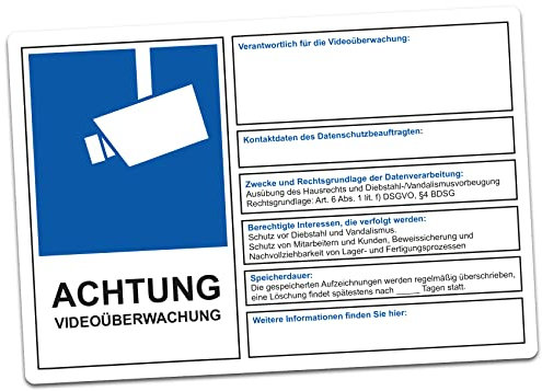 Achtung Videoüberwachung DSGVO BDSG Datenschutz Info Blau Video Überwachung Aufkleber Hinweis Schild Diebstahl R069 (Zum selbst ausfüllen, 30x20 cm)