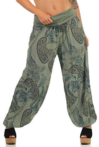 Malito Damen Aladinhose mit Print | Haremshose zum Tanzen | Pumphose zum Chillen - Freizeithose - Pluderhose 7185 (Oliv)