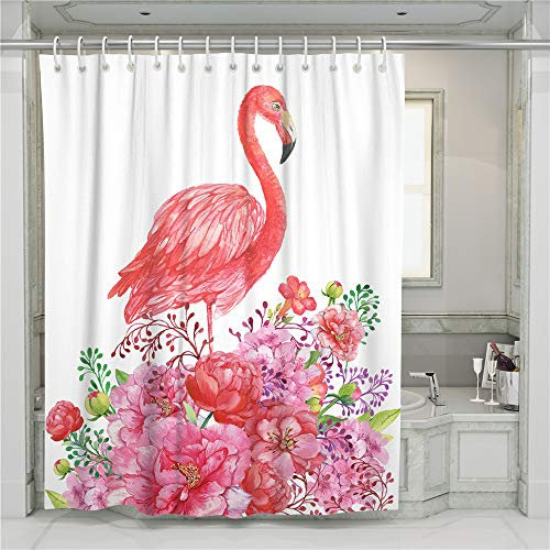 Chickw1 Rideau de Douche Tissu, Rideau de Douche Anti Moisissure Rideaux de Salle de Bain, Lavable Polyester 3D Cascade Imprimée Imperméable Rideaux avec 12 Crochets (Fleur Flamant Rose,90x180cm)