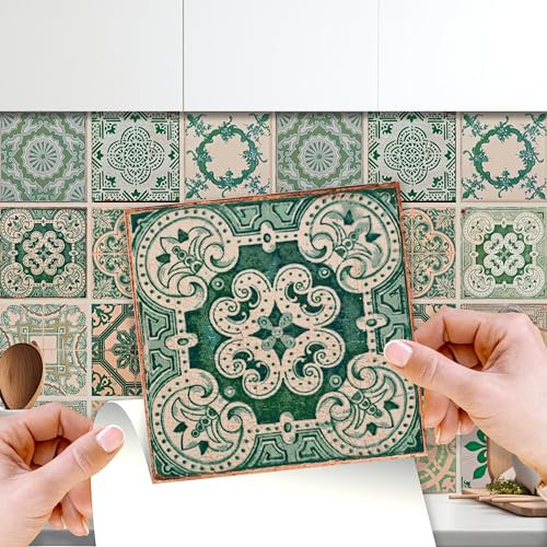 WALPLUS 120 Stück 15x15cm Vintage Grün Antik Azulejo Wandfliesen Aufkleber Schälen und Kleben Backsplash Abziehbilder Startseite Dekore Aufkantung für Küche Badezimmer Kacheln Farbe auf Wand Wohnen
