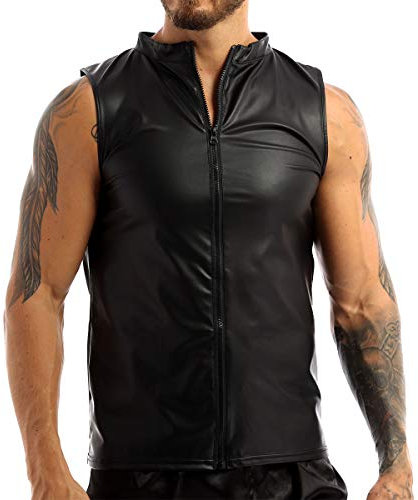 JanJean Herren Wetlook Shirt Muskelshirt Hemd mit Reißverschluss Kunstleder Tank Top Ärmellose Weste Freizeithemd Unterhemd Clubwear Schwarz XL
