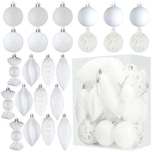 Prextex White 24-Piece Shatterproof Christmas Ball Ornaments - Glitter Balls, Christmas Tree Baubles Christmas Decorations, Exquisite Xmas Combo of 8 Christmas Balls and Shape Styles