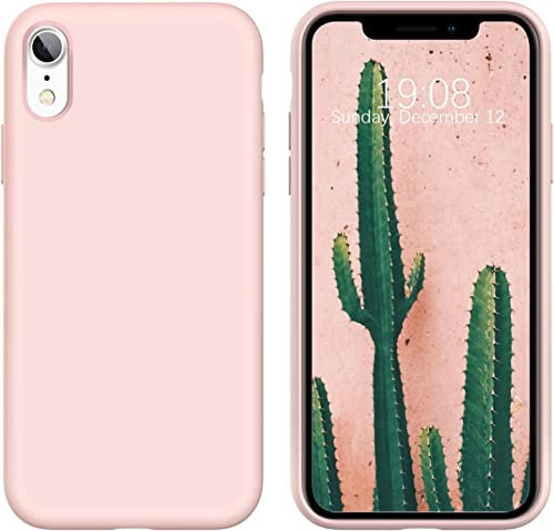 DOMAVER Coque iPhone XR 6,1, Étui iPhone XR Case Silicone Liquide Antichoc Protection, avec Doublure en Microfibre Doux AntiRayure, Fine Téléphone Housse pour iPhone XR, Rose Craie