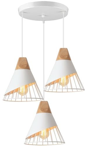 TOKIUS Lampada a sospensione Design E27 Industriale Lampada da soffitto Moderna Legno e Metallo Lampadari e Plafoniere Interni Ø25cm Per Cucina Camera da letto Sala Da Pranzo (Bianco - base)