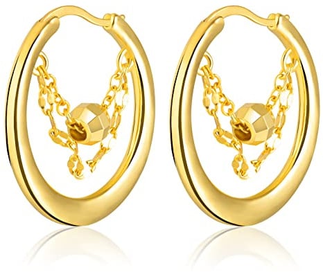 Gold Creolen für Damen, Gold Creolen mit 14K Echt Vergoldet, Gold Ohrringe mit Kurzer Kette, Hypoallergene Ohrringe Trendiger Schmuck für Mädchen Frauen