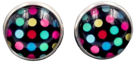 Stechschmuck Ohrstecker Handmade Ohrclips Ohrklemmen Punkte Polka Dots Bunt Schwarz Silber Farben Damen Kinder Kitsch Kawaii 1 Paar Größe Wählbar (Ohrstecker 12mm)