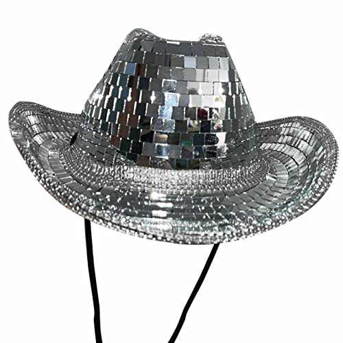 Rosixehird Discokugel Cowboyhut, Glitzernder Disco Spiegelhut, Pailletten Cowboyhut Disco Eimerhut Glitzernder Junggesellenabschied, Atemberaubender Partyhut Für Damen Und Herren, Tanz, Bühne, Club