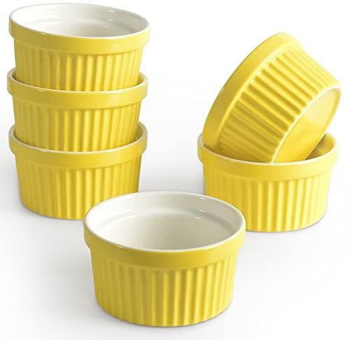 homEdge Porzellan Auflaufförmchen Set 240 ml / 8 Fl Ounces Eisschale Creme Brûlée Auflaufförmchen Soufflé Becher zum Backen 6er Set Gelb