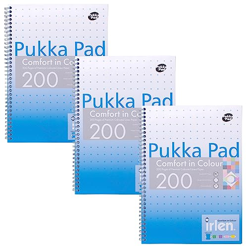 Pukka Pad, Irlen Jotta Pad A4 Notizbuch 3er-Pack - Spiralbindung Notizblock mit 200 Seiten 80GSM farbigem liniert Papier - entwickelt für visuelle Wahrnehmungsschwierigkeiten - 29.7 x 23cm, Türkis