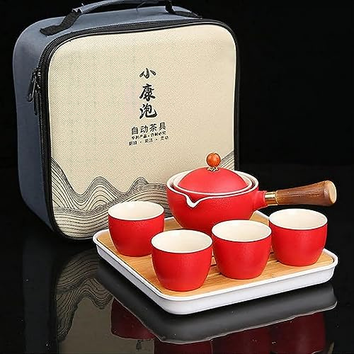 Scizorito Keramik Portable Travel Tee Set, chinesischer Kungfu Tee Set mit 360-Rotation Teekanne und Infuser, 4-Teetassen, Tee Tablett und Reisetasche (Rot)
