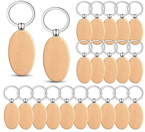 Vocdikficy Lot de 50 porte-clés ovales gravés en bois brut non traité, pour bricolage, cadeau (ovale)