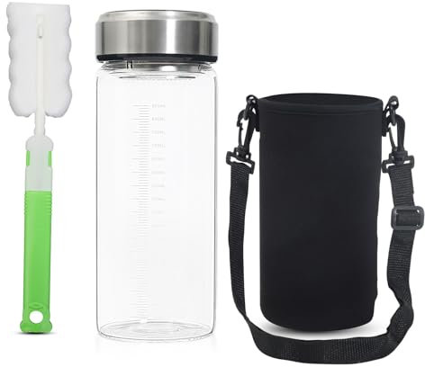 TONGRANG-LIFE 32 Oz Wide Mouth Glass Water Bottle,Big Capacity Glass Shaker Bottle,Reusable Glass Juice Bottles with Sleeve For Gym,Home,Office,Travel,Protein,Dishwasher Safe Water Jar