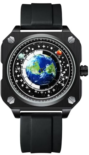 rorios Herren Kreative Uhren Einzigartige Zeiger Armbanduhr Analoge Quarz Quadratische Uhr ERD Zifferblatt Uhr Mode Design Edelstahl für Männer Männer Schwarz B, AA-ADS008