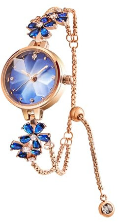 SURVAN WatchDesigner Uhr Damen Exquisite Armreif Armband Minilistisch Stil Diamant Zifferblatt Blatt Förmig Kristall Glas Rund Uhrengehäuse Alltag und Jubiläum geeignet (Blau)