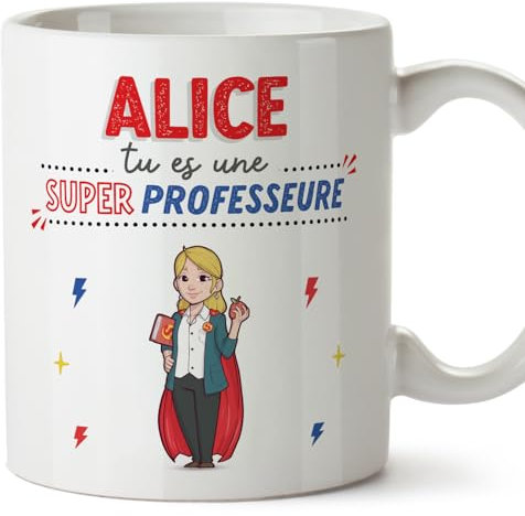 MUGFFINS Tazas Personalizadas para PROFESORA mujer - En Francés - Tu es Super! - 11 oz / 330 ml - Regalo Personalizable original y divertido