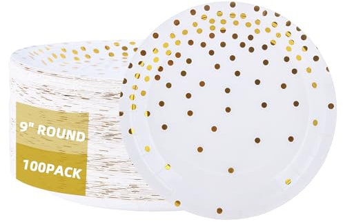 MUXHEL 100PCS Gold Paper Plates 9 Inch/23 cm White and Gold Party Paper Plates Large Disposable Plates for Parties Birthday Weddings Picnics BBQ