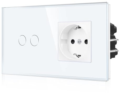 CNBINGO Interrupteur Tactile et Prise avec borne enfichable - Prise Schuko encastrée - Double Interrupteur Mural avec état LED et Panneau en Verre - 2 Gangs - Blanc