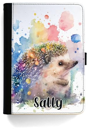 Personalised Initial Case For All Apple iPad Models 10, 9, 8, 7, 6, Air 11, Pro 12.9,13 inch, Mini, Watercolour Paint Splat Hedgehog Case with Name 360 Swivel PU Leather Side Flip Folio Cover