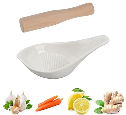 Plato Rallador de Cerámica para Jengibre en Forma de Cuchara, Rallador de Porcelana, Ceramic Grater Set, Juego de Platos Rallar con Palo Madera para Jengibre, Ajo, Especias, Apta para lavavajilla