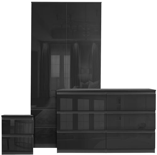 Blisswood High Gloss Bedroom Wardrobe sets with 2 Door Wardrobe 6 Drawer Chest of Drawers + 2 Drawer Bedside Table Cabinet Bedroom Set for 3 Piece Bedroom Storage furniture Set, Black
