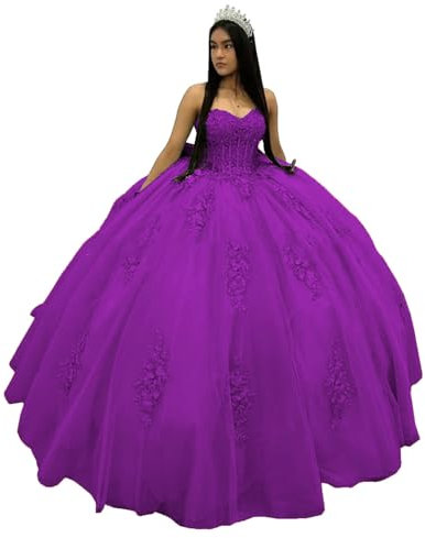 CLcaojun Vestidos de quinceañera con apliques de encaje, vestido de baile de tul con hombros descubiertos, vestido de graduación 2024, vestidos de fiesta de 15 a 16 para mujer, Morado (, 36