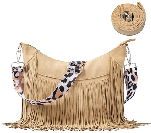Modacarry Damen-Hobo-Tasche aus Wildlederimitat mit Fransen und langen Trägern mit Leopardenmuster, Beige