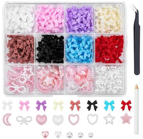 Bettinay 500PCS Bow Nail Charms, 3D Colorful Butterfly Charm Rhinestones Accessories for Nail Art Decoration with Pickup Tool