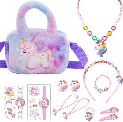 SOETDERT Einhorn Handtasche Geschenk für Mädchen, Einhörnern Kinderschmuck Halskette, Armband, Ring, Haarspange, Schmuckset Handtasche Mädchen Einhorn Geschenke Rollenspiel Geburtstagsgeschenk