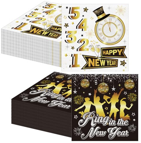 HOWAF 40 Servietten Silvester, Happy New Year Servietten Silvester Servietten 2025, Neujahr Papierservietten Tissue Silvester Tischdeko für Neujahr Deko, Silvester Deko 2025, 33x33 cm, Schwarzgold