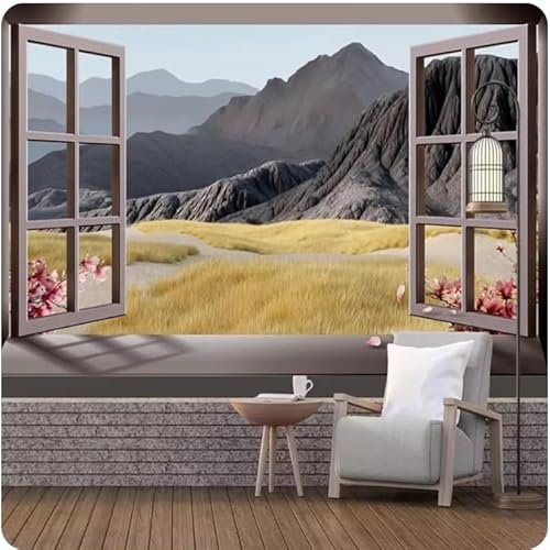 Vlies Fototapete Fenster Berglandschaft 300X210 Cm - Foto Tapete Schlafzimmer Wohnzimmer Moderne Vliestapete XXL Wandtapete Motivtapeten Bildtapete 3D Effekt Wand Dekoration