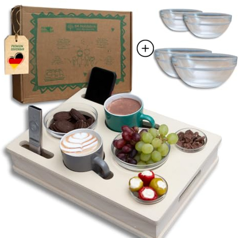 PEGSEN ALL IN ONE Couchbox mit 4 Glasschalen | Couchbar Snackbox personalisiert | Snackbar für die Couch | Couch Tablett mit Getränkehalter | Sofabar | Couch Butler für Kaffeetassen