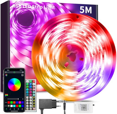 Led Strip 5m RGB LED Streifen mit Bluetooth Musik Sync Timer-Einstellung Dimmbar Farbwechsel Led Lichterkette Lichtband Leiste Band für Zuhause Party