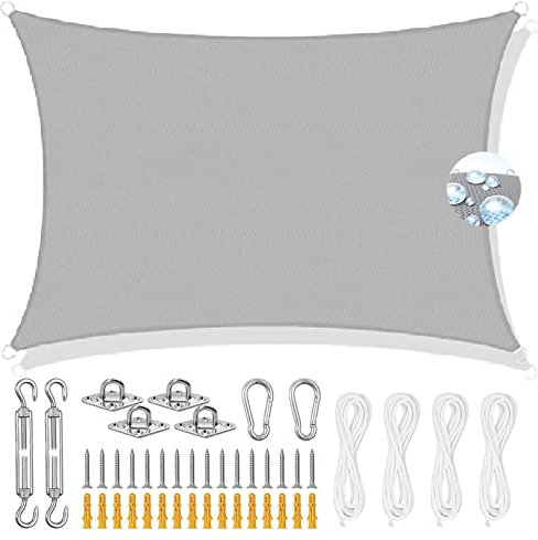 Voile d'ombrage rectangulaire - 4,5 x 4,5 m - Résistant aux UV - Pour jardin, cour, plage, piscine, terrasse, balcon - Gris clair - Corde incluse